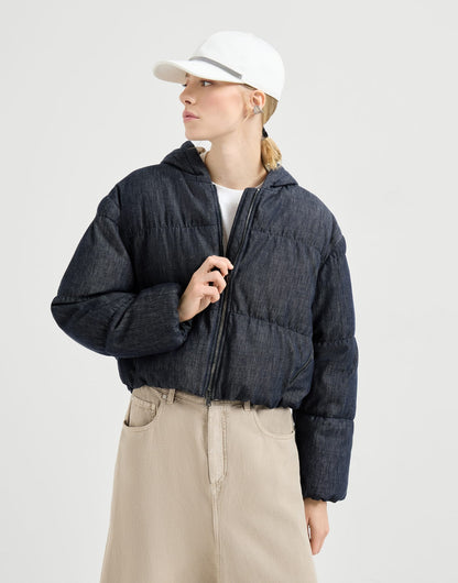 Cotton denim-effect twill down jacket with monili