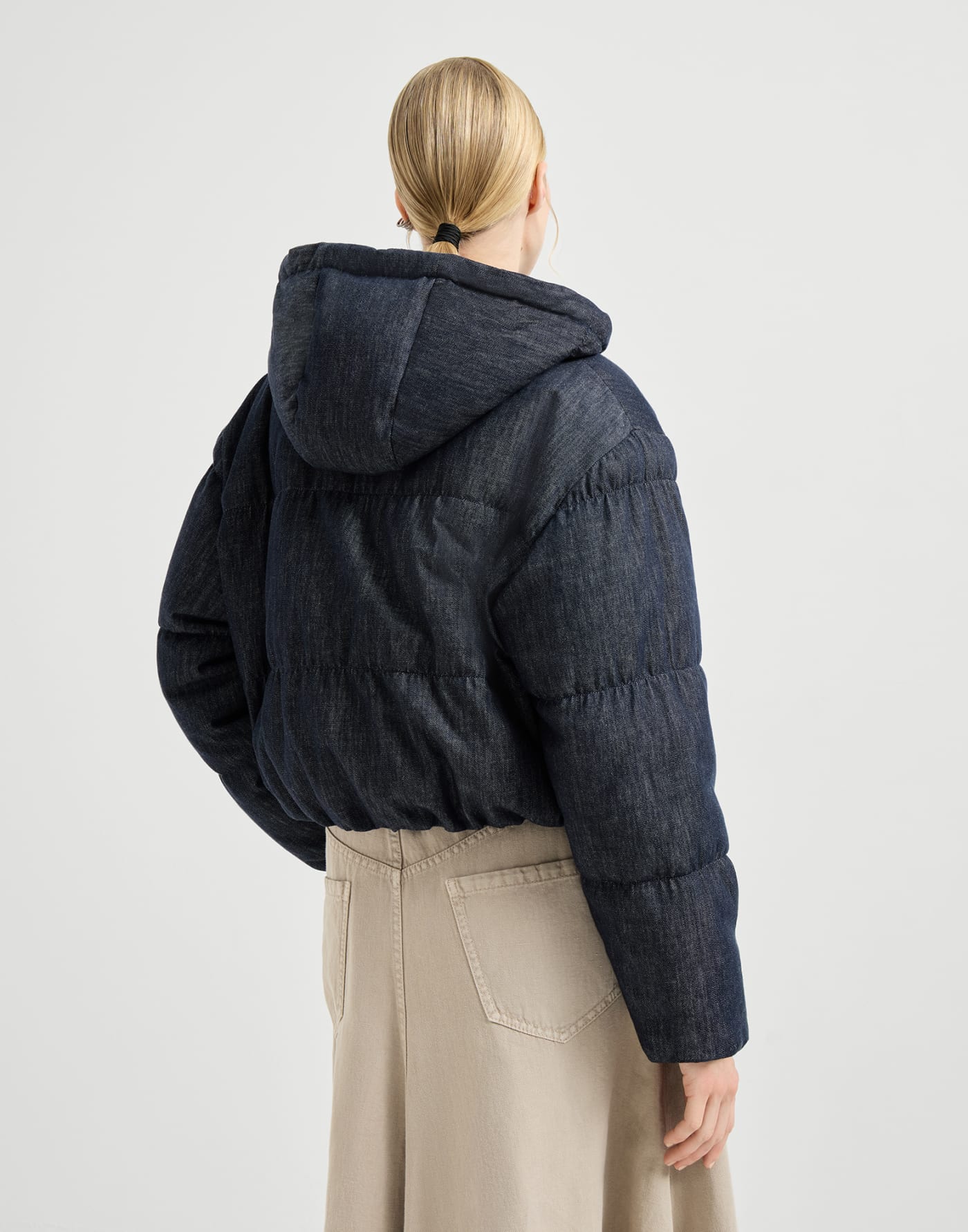 Cotton denim-effect twill down jacket with monili