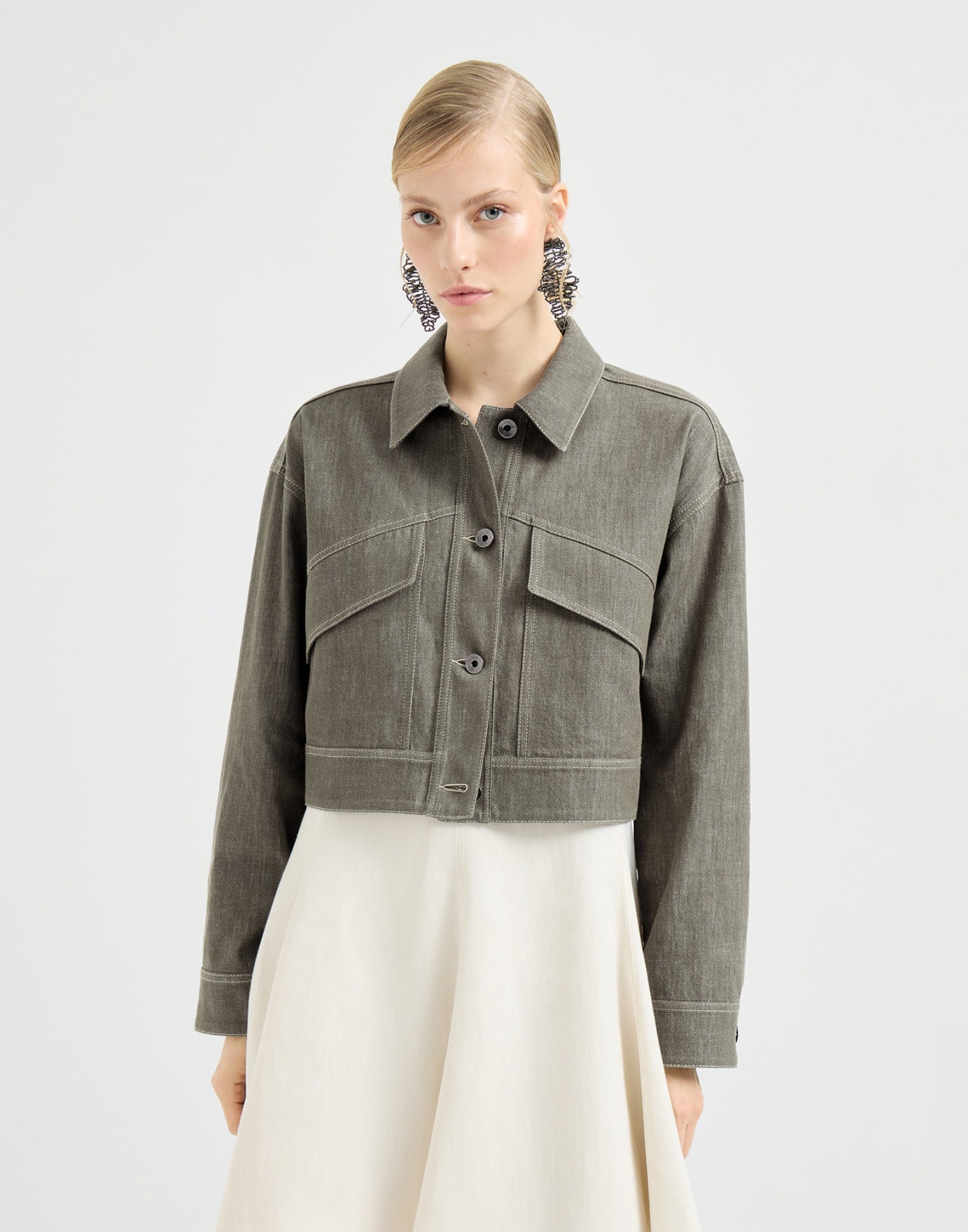 Cotton denim-effect twill outerwear jacket with monili