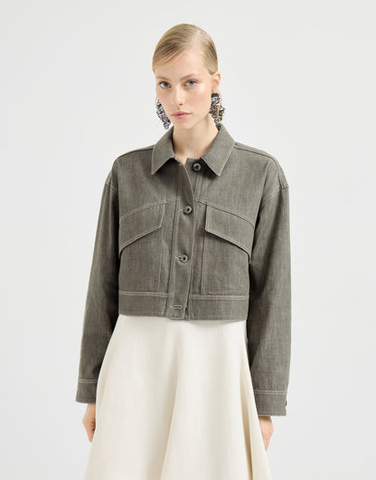 Cotton denim-effect twill outerwear jacket with monili