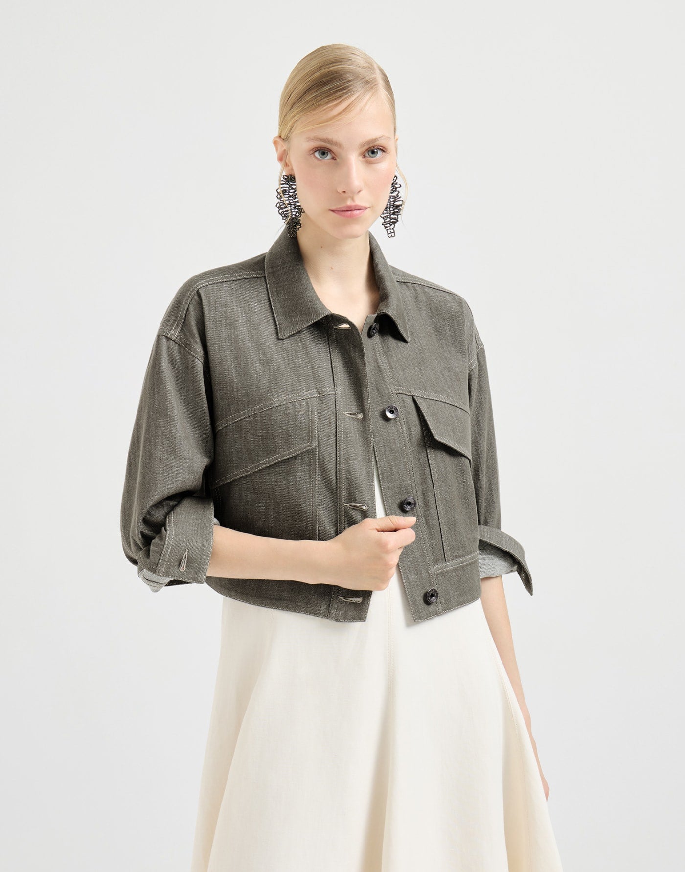 Cotton denim-effect twill outerwear jacket with monili
