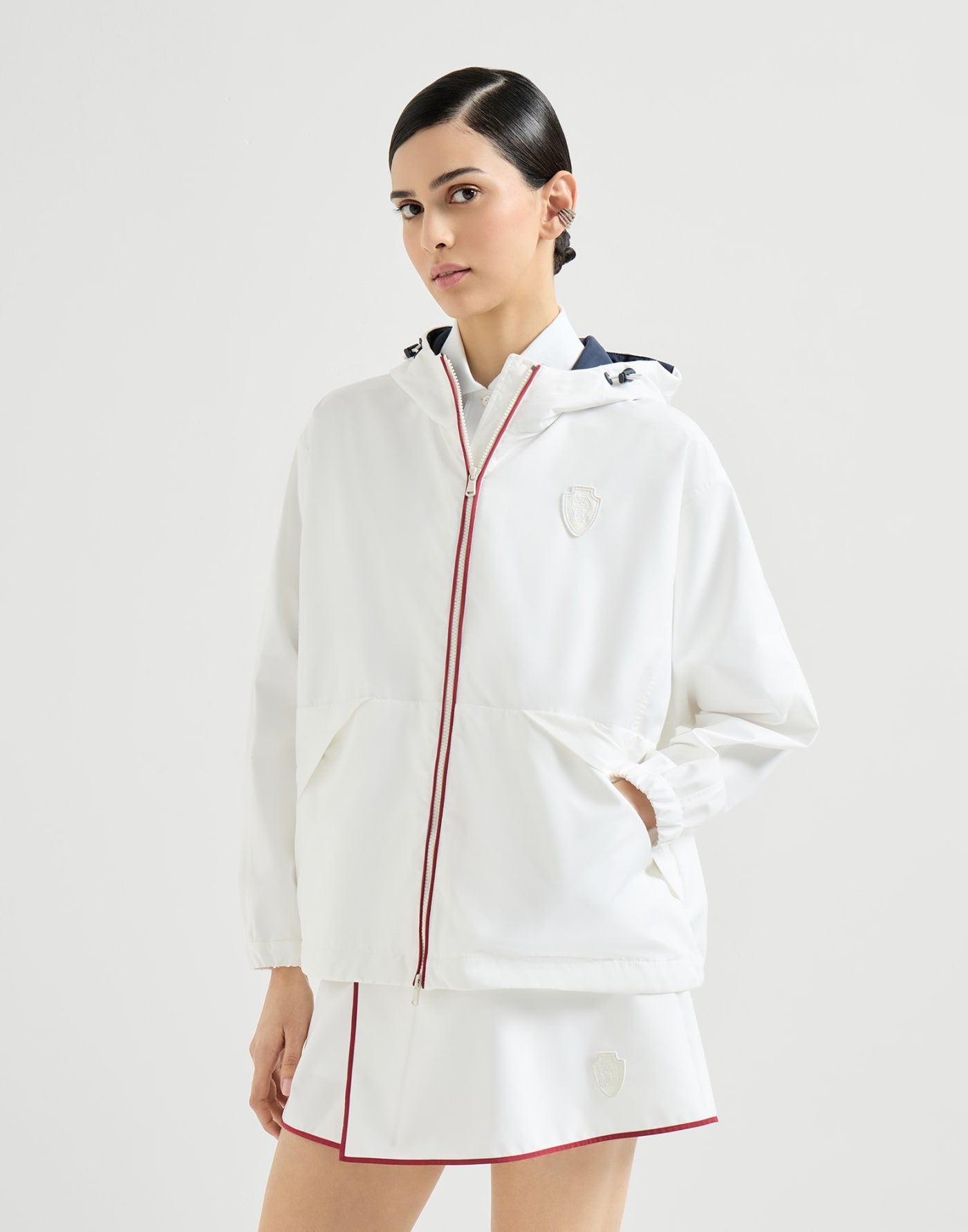 Nylon hooded outerwear jacket with logo