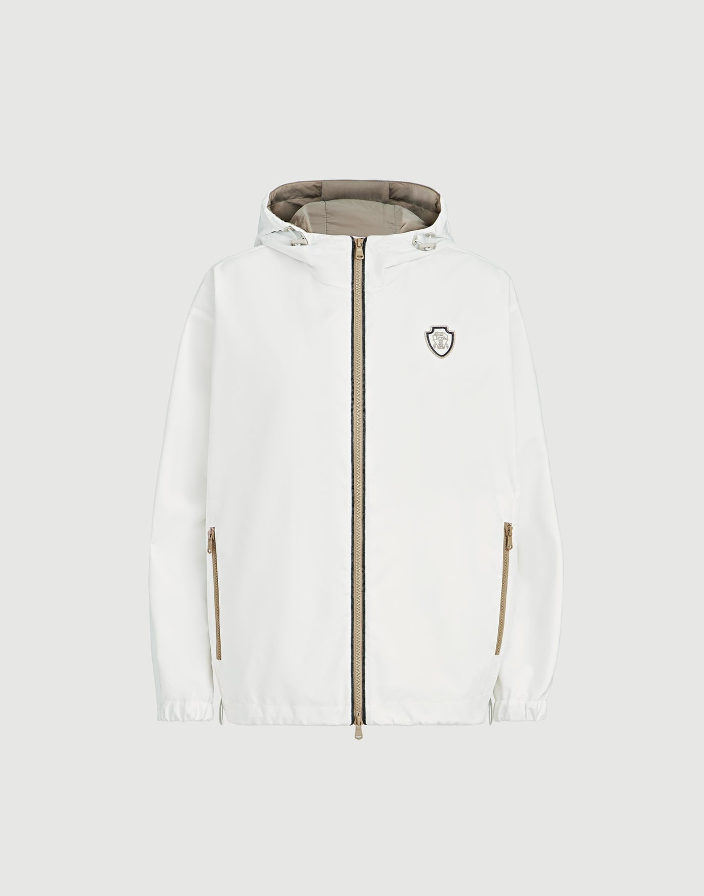 Nylon hooded outerwear jacket with logo and precious trims