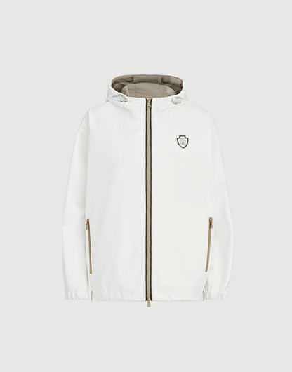 Nylon hooded outerwear jacket with logo and precious trims