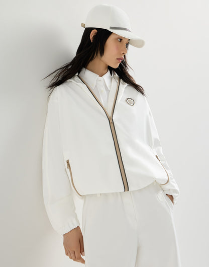 Nylon hooded outerwear jacket with logo and precious trims