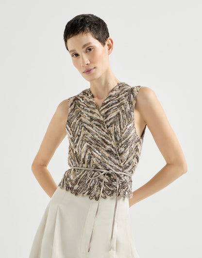 Dazzling chevron embroidery vest in paper yarn, linen and silk