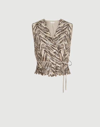 Dazzling chevron embroidery vest in paper yarn, linen and silk
