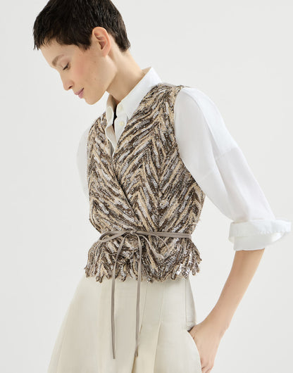 Dazzling chevron embroidery vest in paper yarn, linen and silk