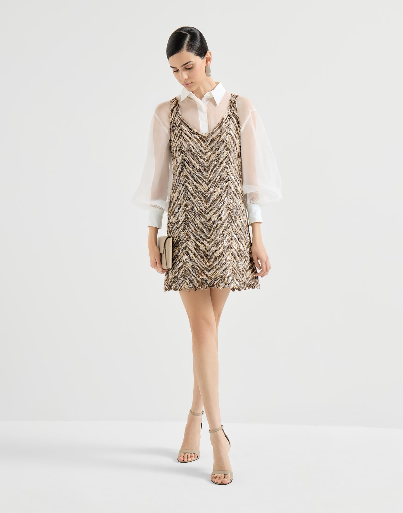 Dazzling chevron embroidery mini dress in paper yarn, linen and silk