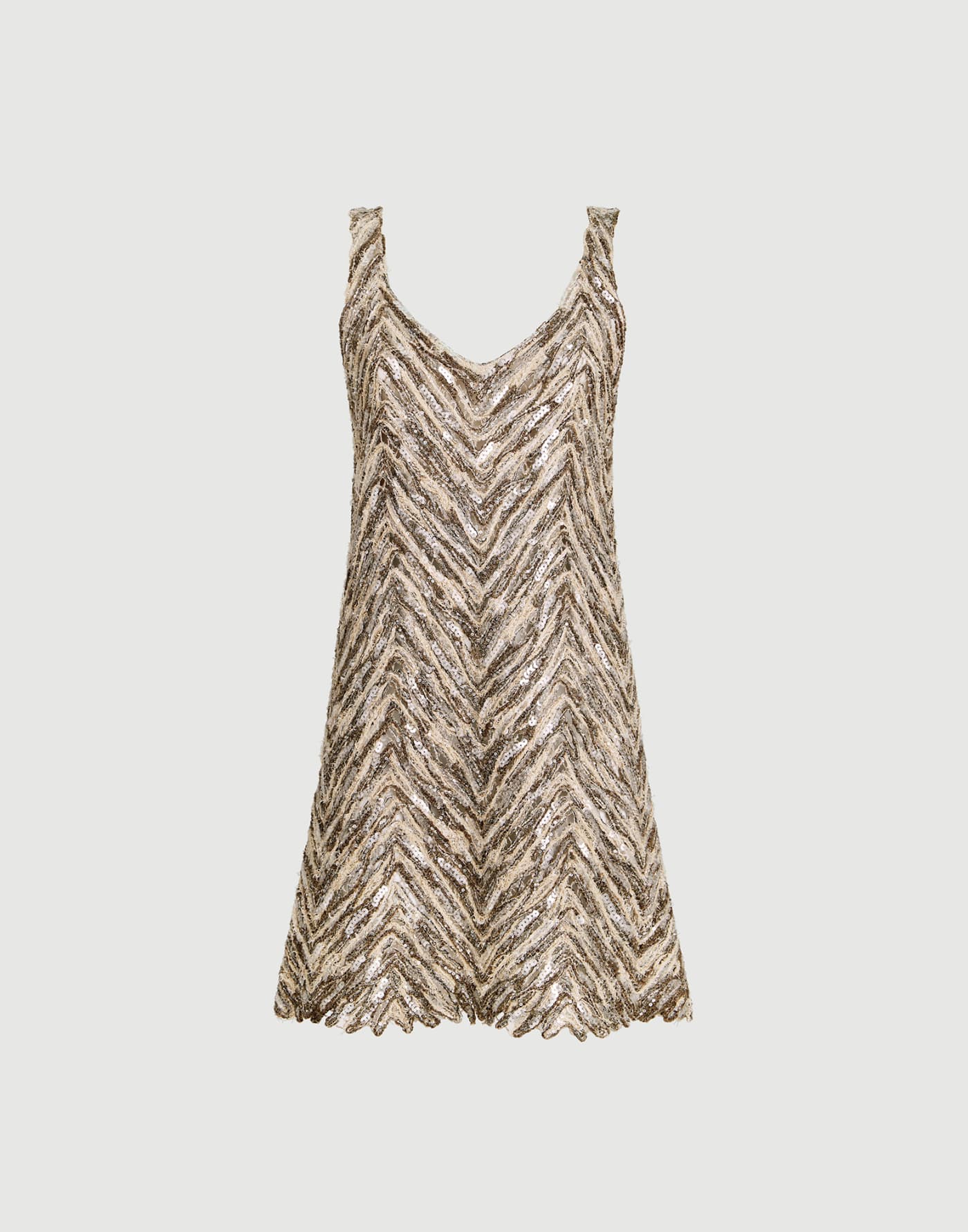 Dazzling chevron embroidery mini dress in paper yarn, linen and silk