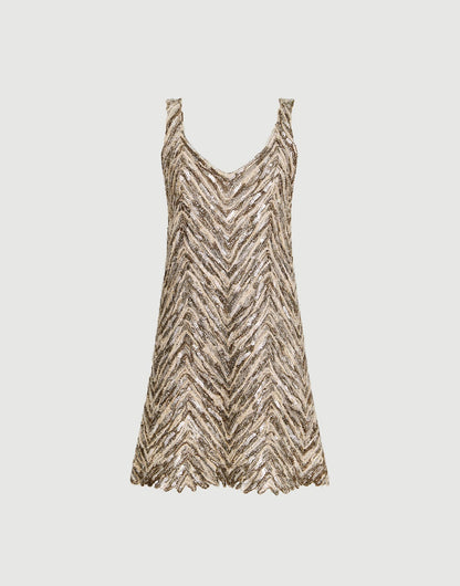 Dazzling chevron embroidery mini dress in paper yarn, linen and silk