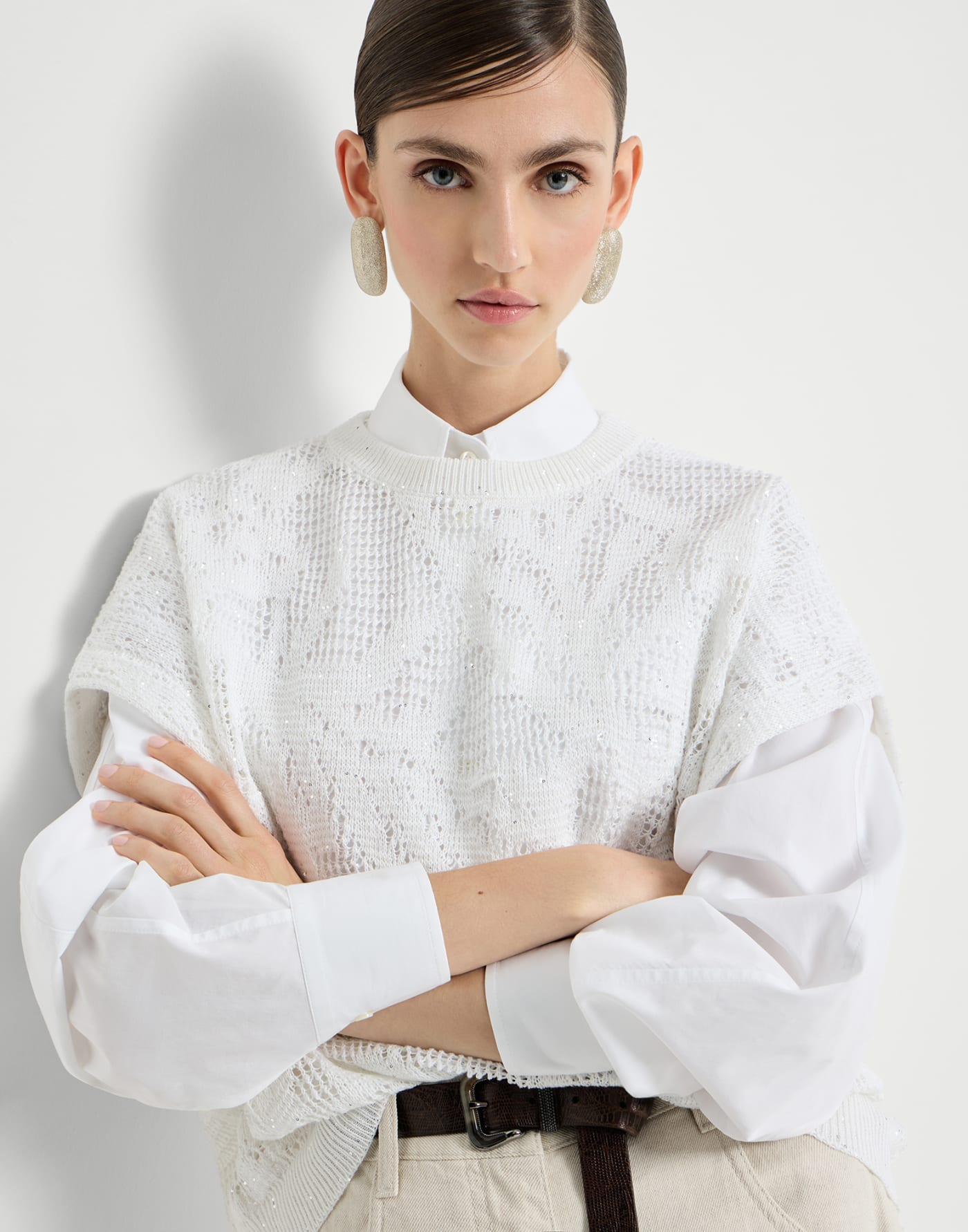 Dazzling water lillies knit t-shirt in linen and cotton