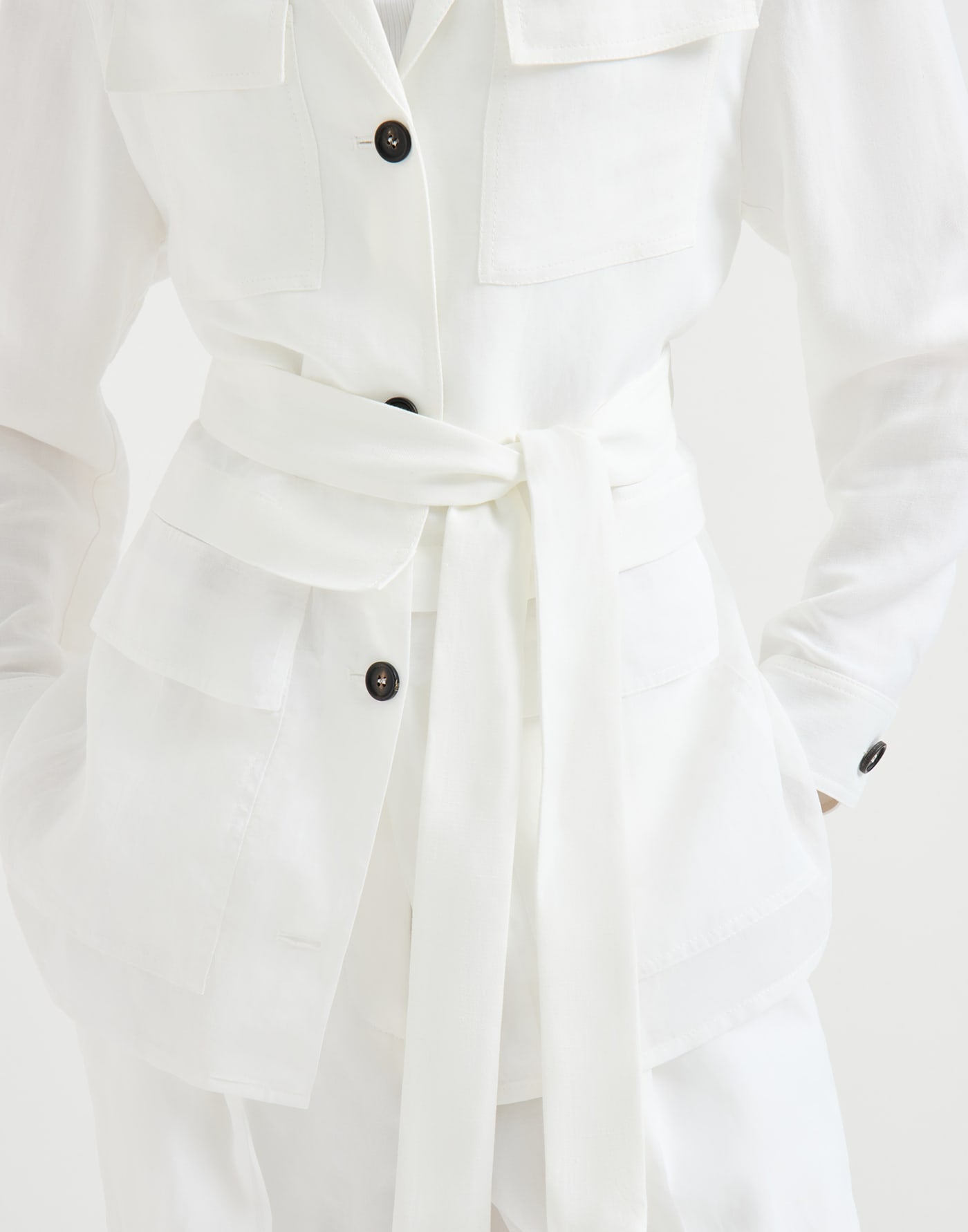Viscose and linen fluid twill safari jacket with monili