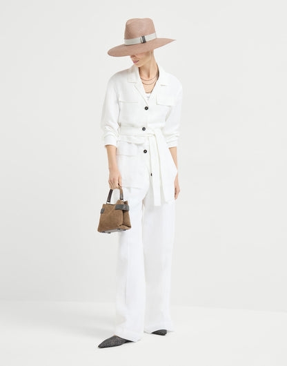 Viscose and linen fluid twill safari jacket with monili