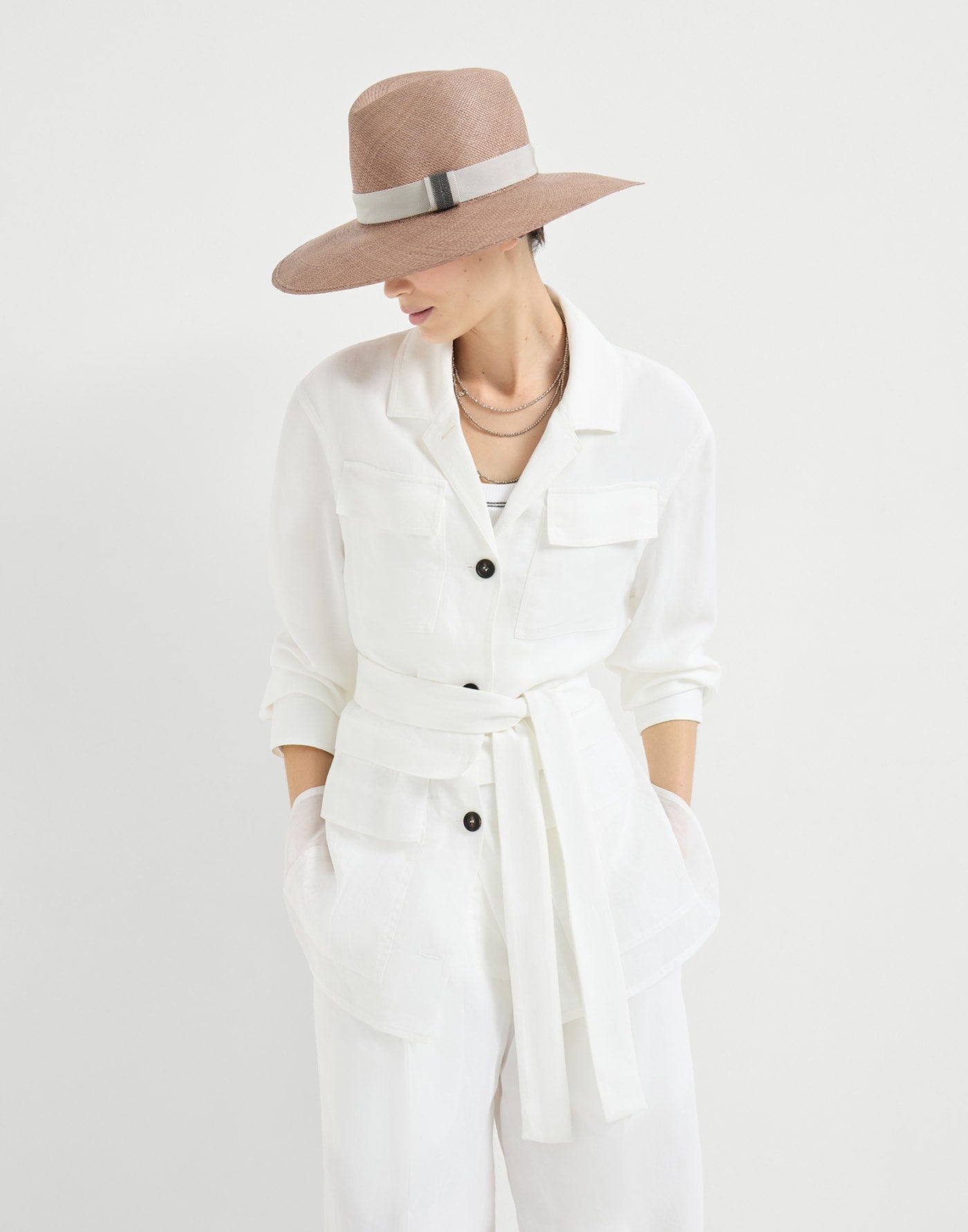 Viscose and linen fluid twill safari jacket with monili