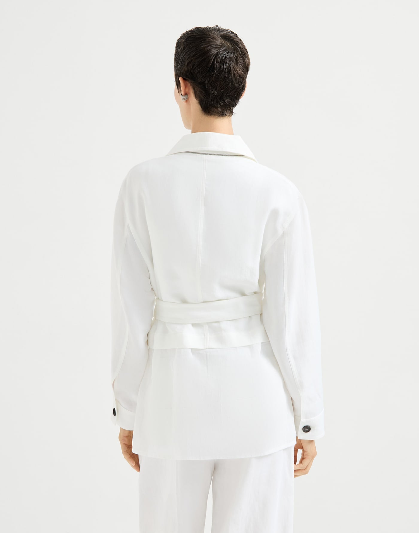 Viscose and linen fluid twill safari jacket with monili
