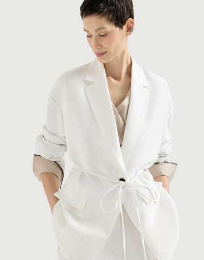 Viscose and linen fluid twill blazer with monili