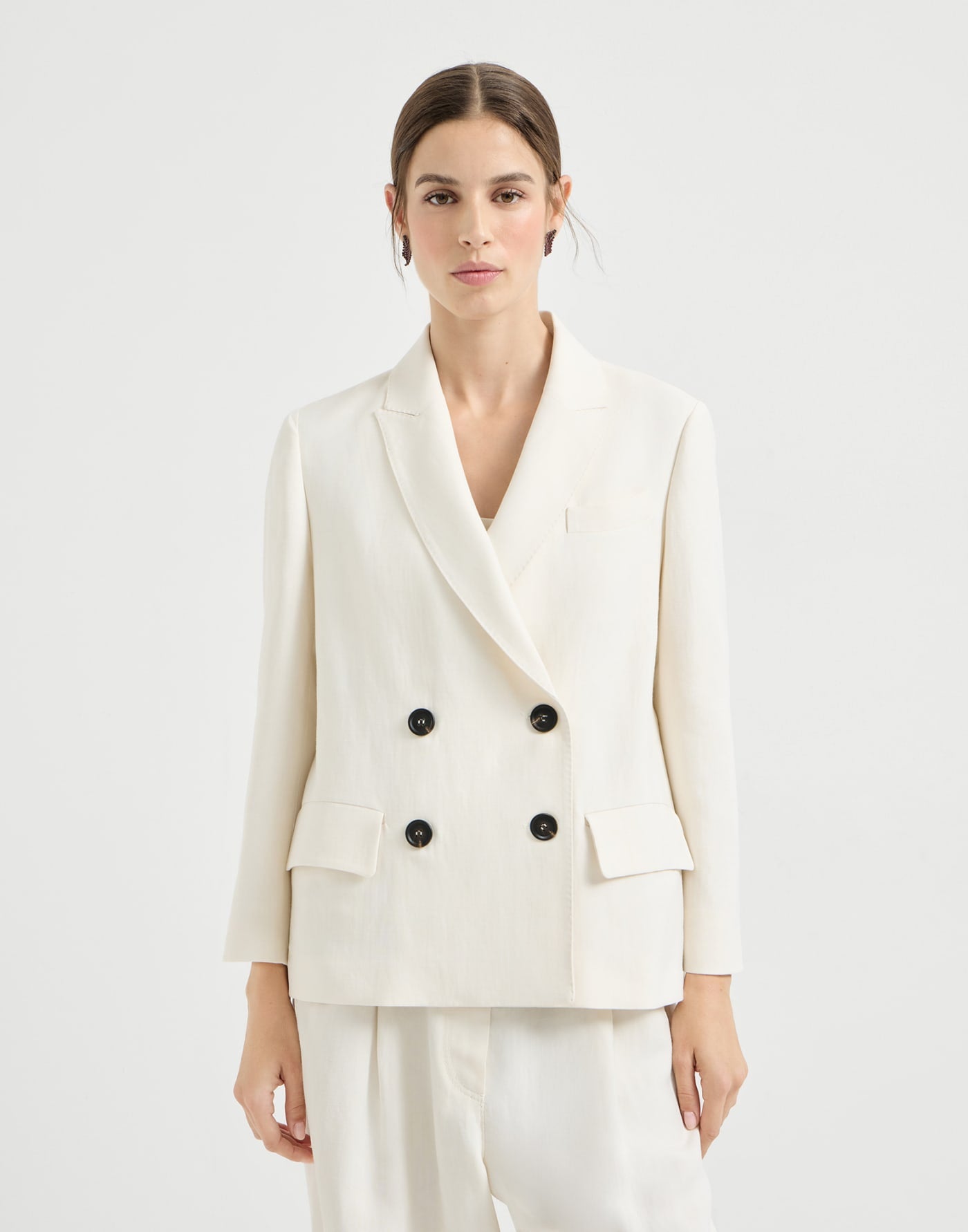 Viscose and linen fluid twill blazer with monili