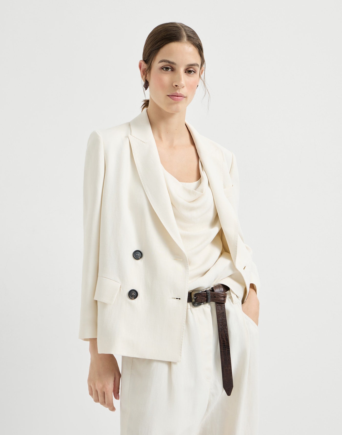 Viscose and linen fluid twill blazer with monili