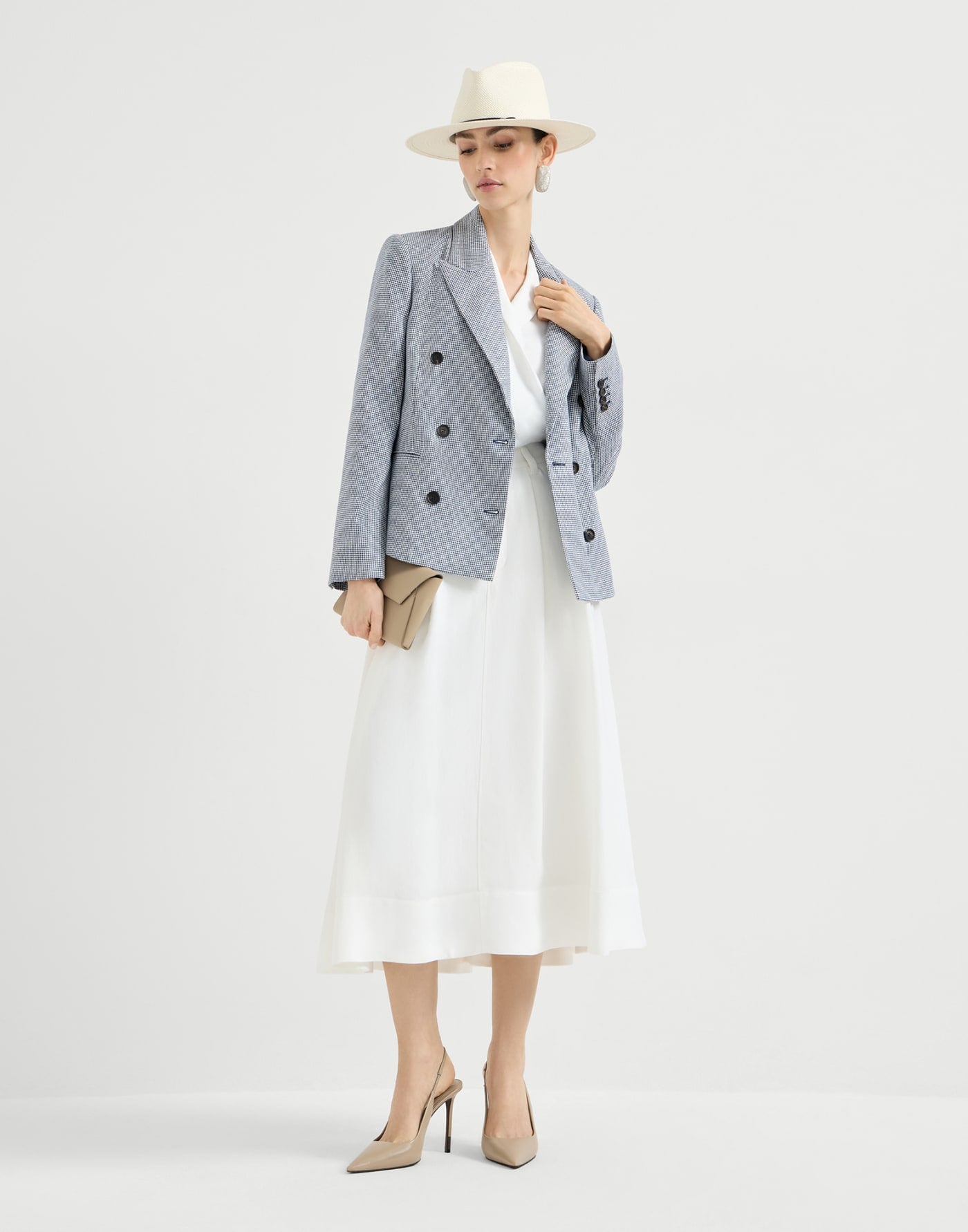 Linen and cotton houndstooth blazer with monili