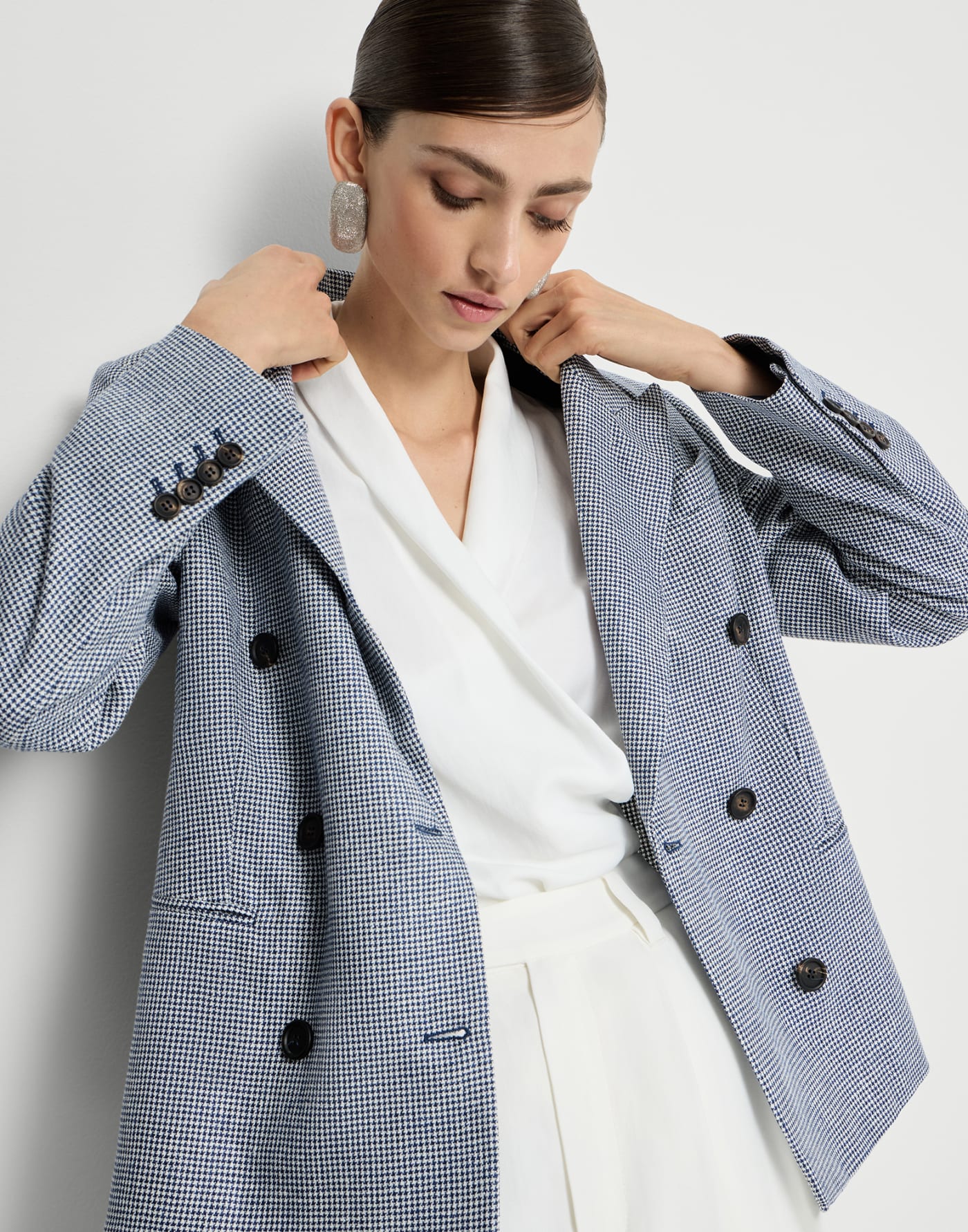 Linen and cotton houndstooth blazer with monili