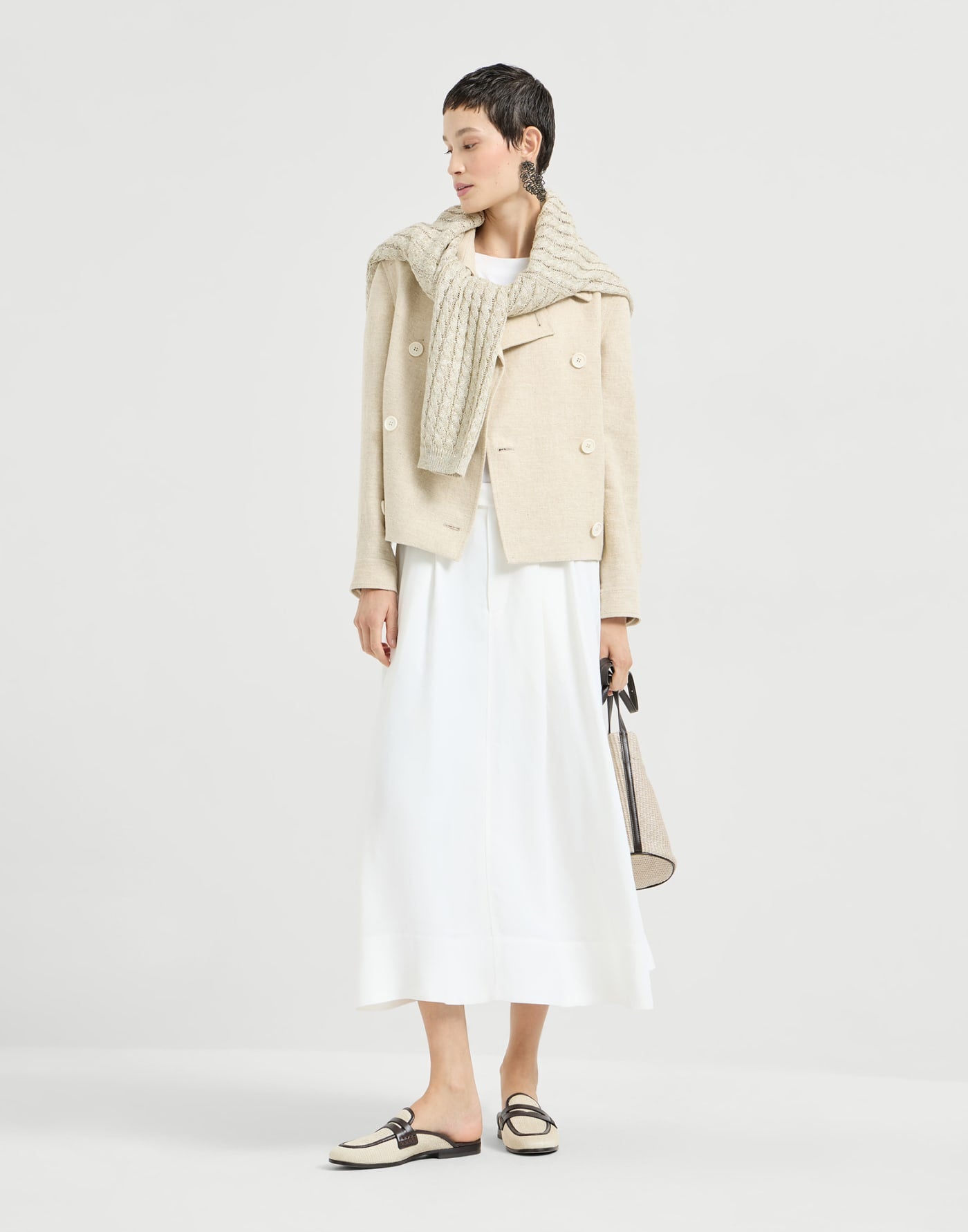 Slubbed linen, silk and hemp cropped pea coat with monili