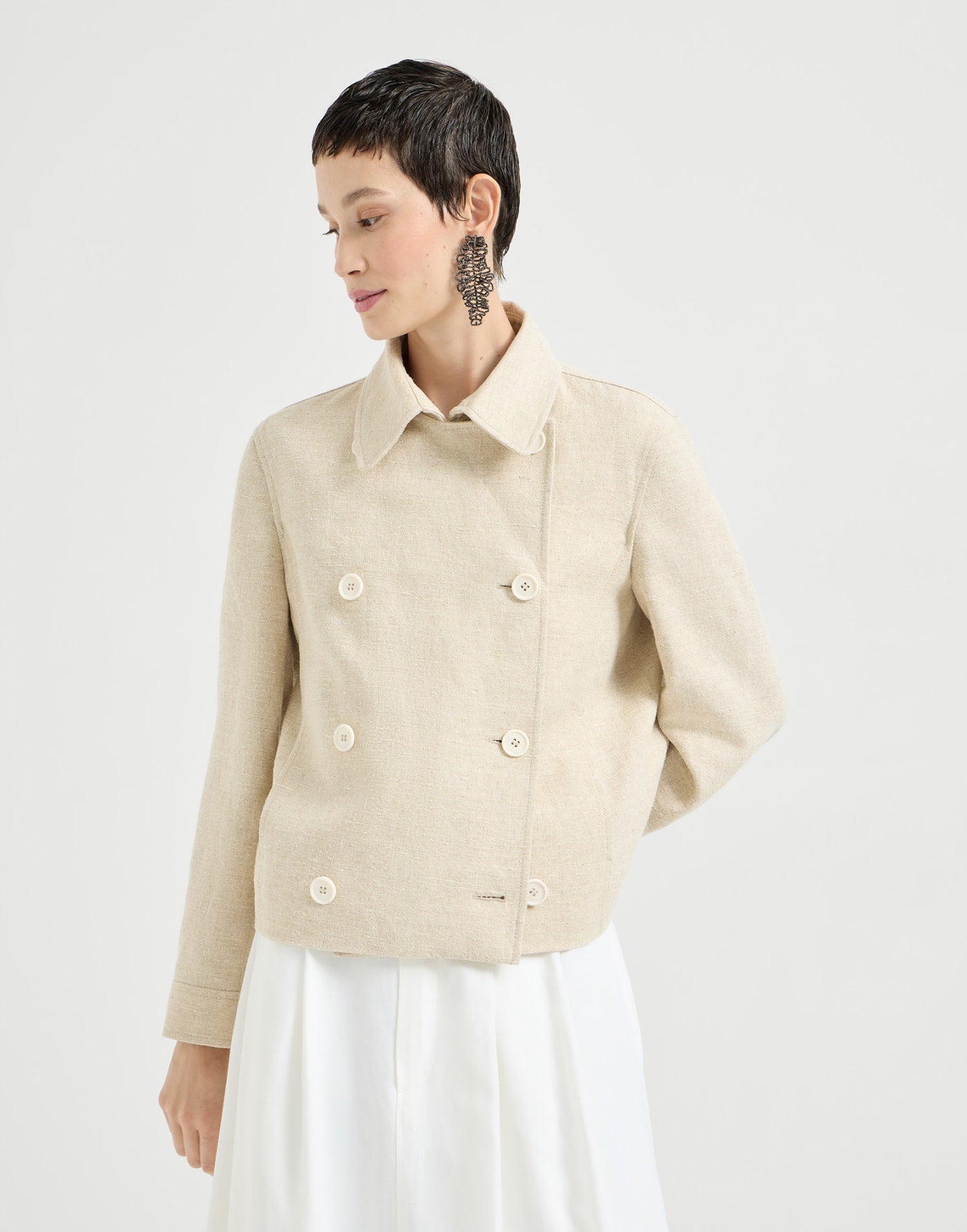 Slubbed linen, silk and hemp cropped pea coat with monili