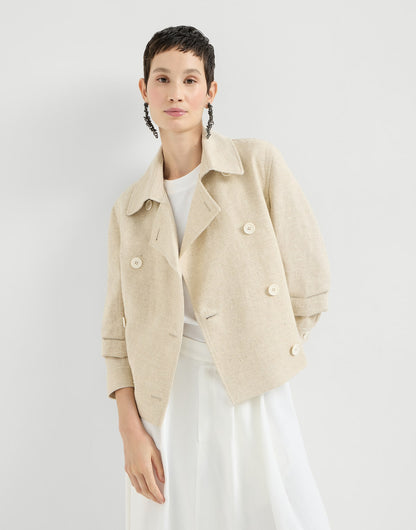 Slubbed linen, silk and hemp cropped pea coat with monili