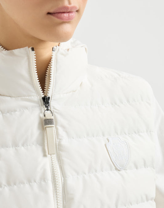 Techno cotton taffeta outerwear jacket with detachable down vest, logo and monili