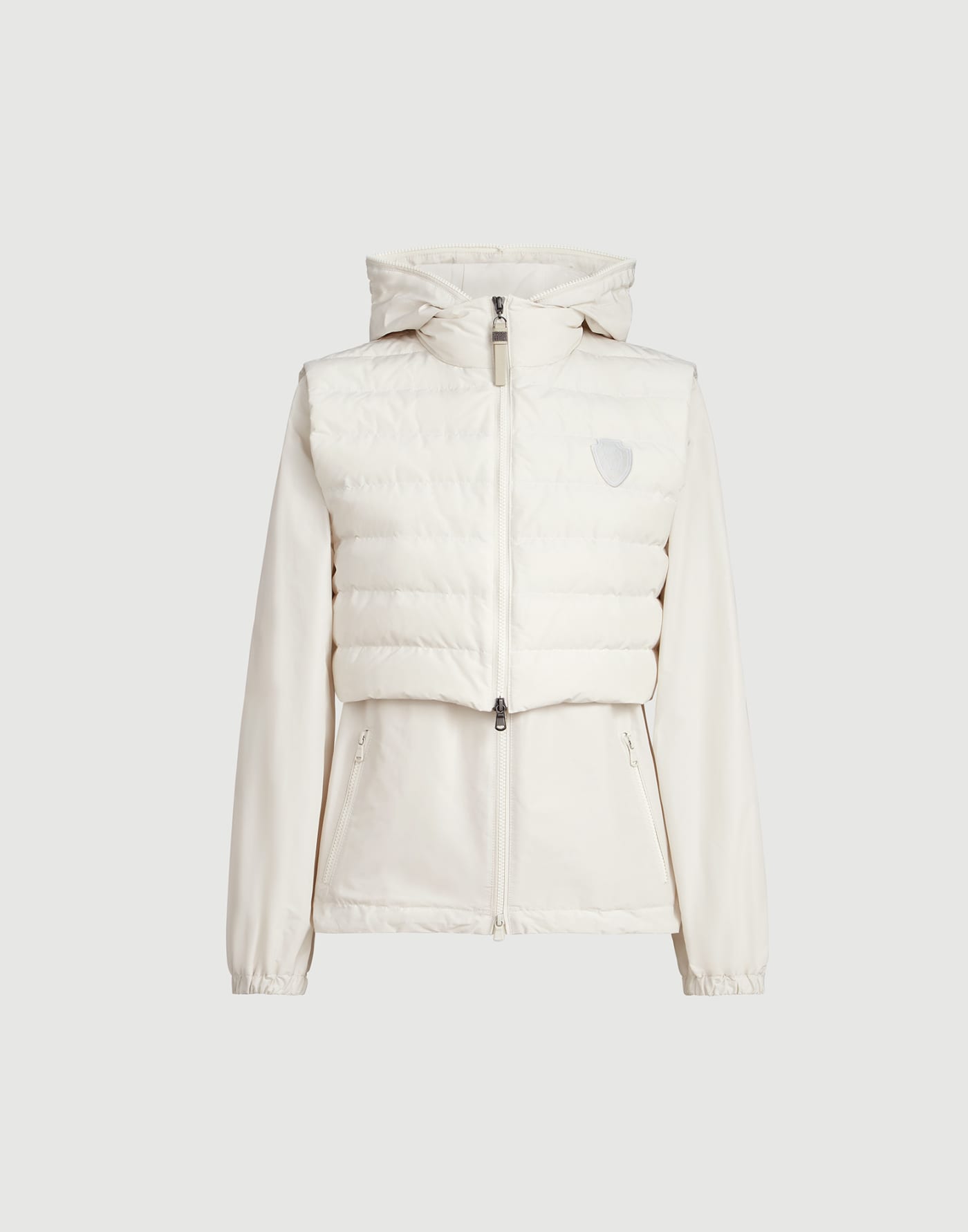 Techno cotton taffeta outerwear jacket with detachable down vest, logo and monili