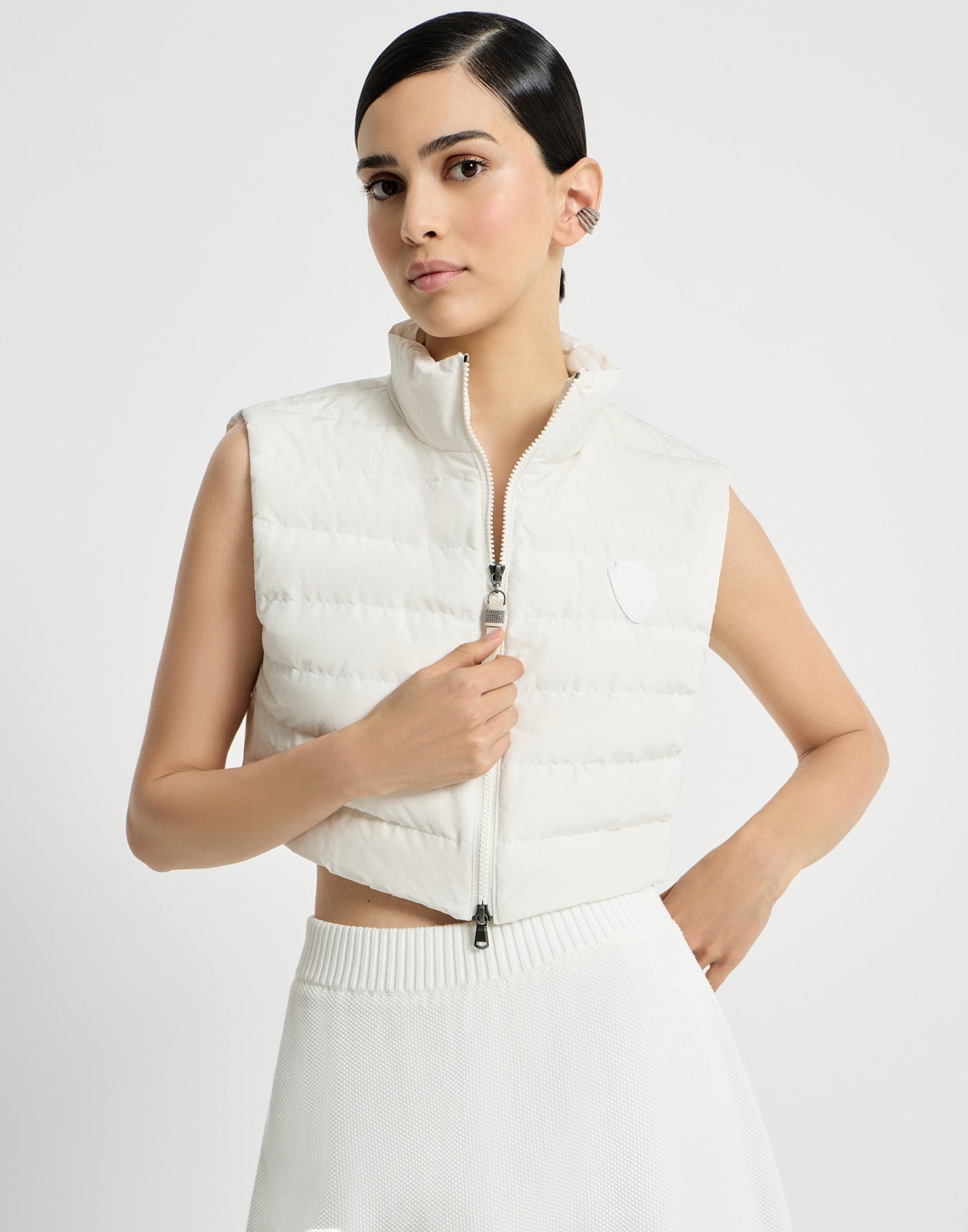 Techno cotton taffeta outerwear jacket with detachable down vest, logo and monili