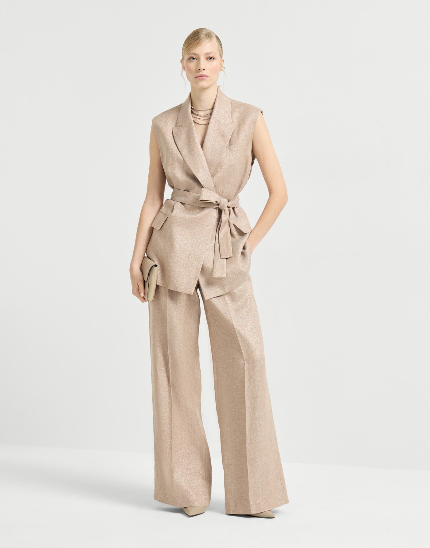 Sparkling linen twill belted vest with monili