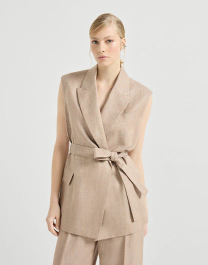 Sparkling linen twill belted vest with monili