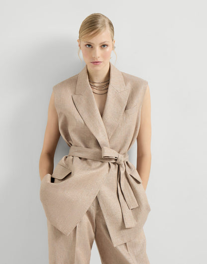 Sparkling linen twill belted vest with monili
