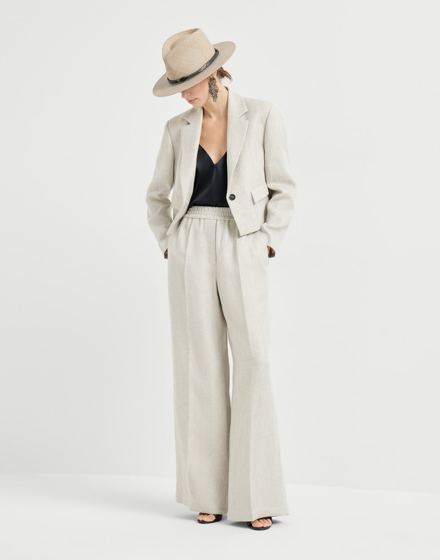 Linen and cotton chevron cropped blazer with monili