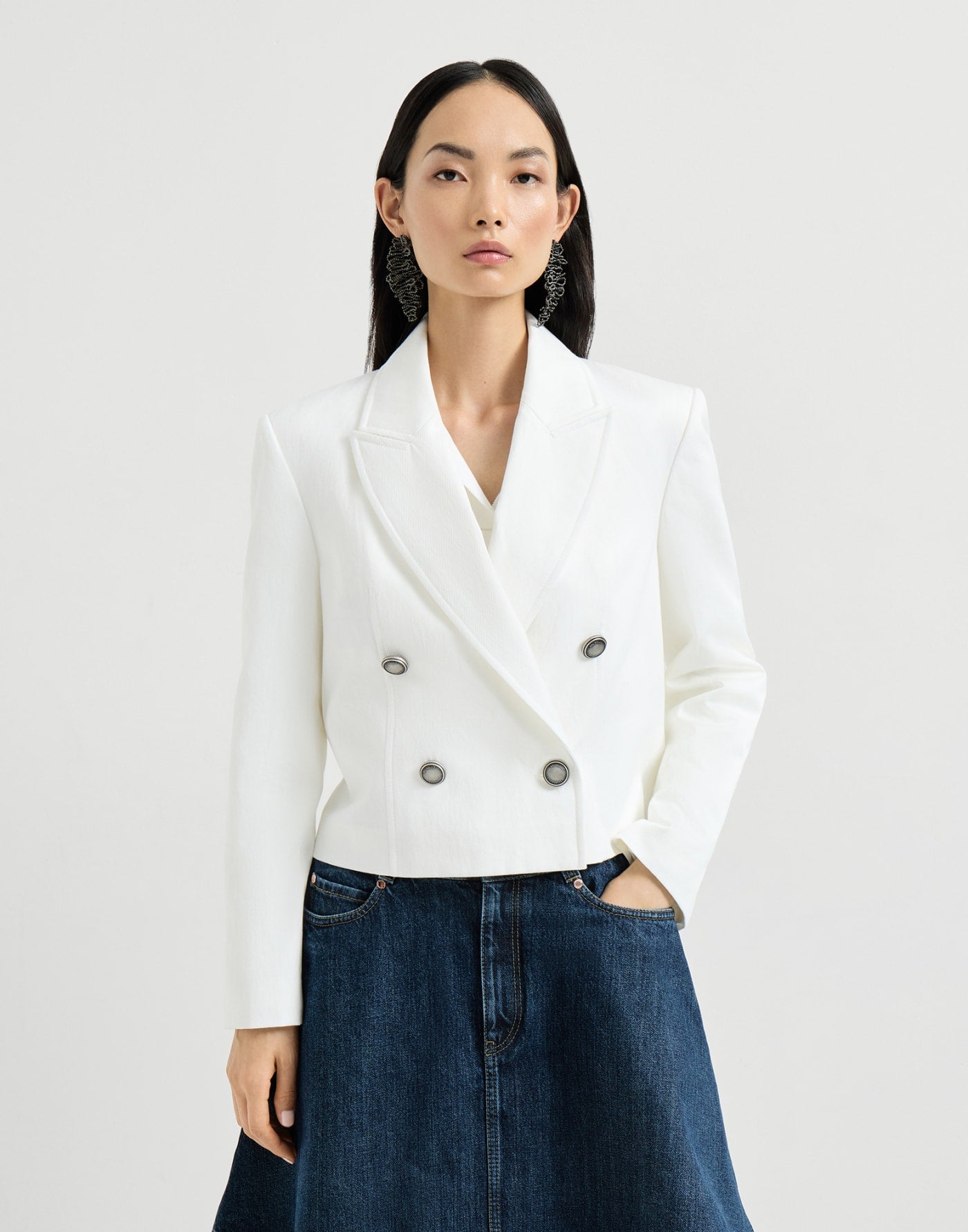 Cotton and paper yarn diagonal blazer with monili