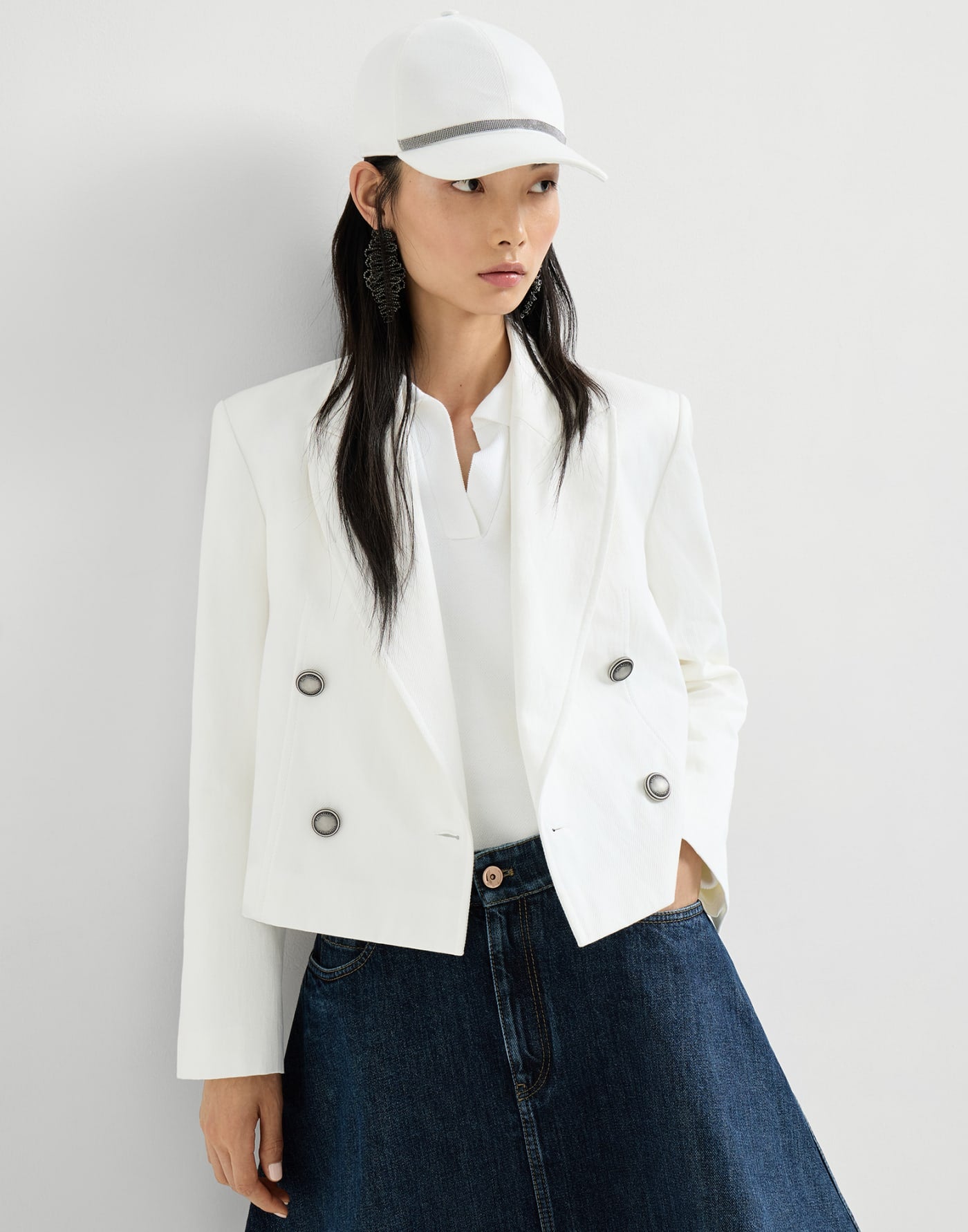 Cotton and paper yarn diagonal blazer with monili