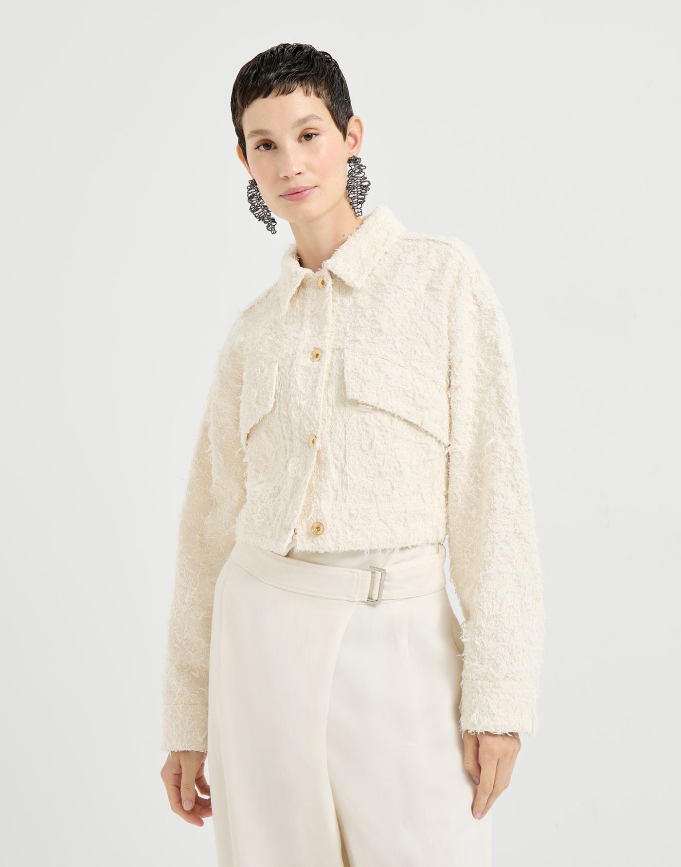 Fuzzy dyed denim outerwear jacket with monili