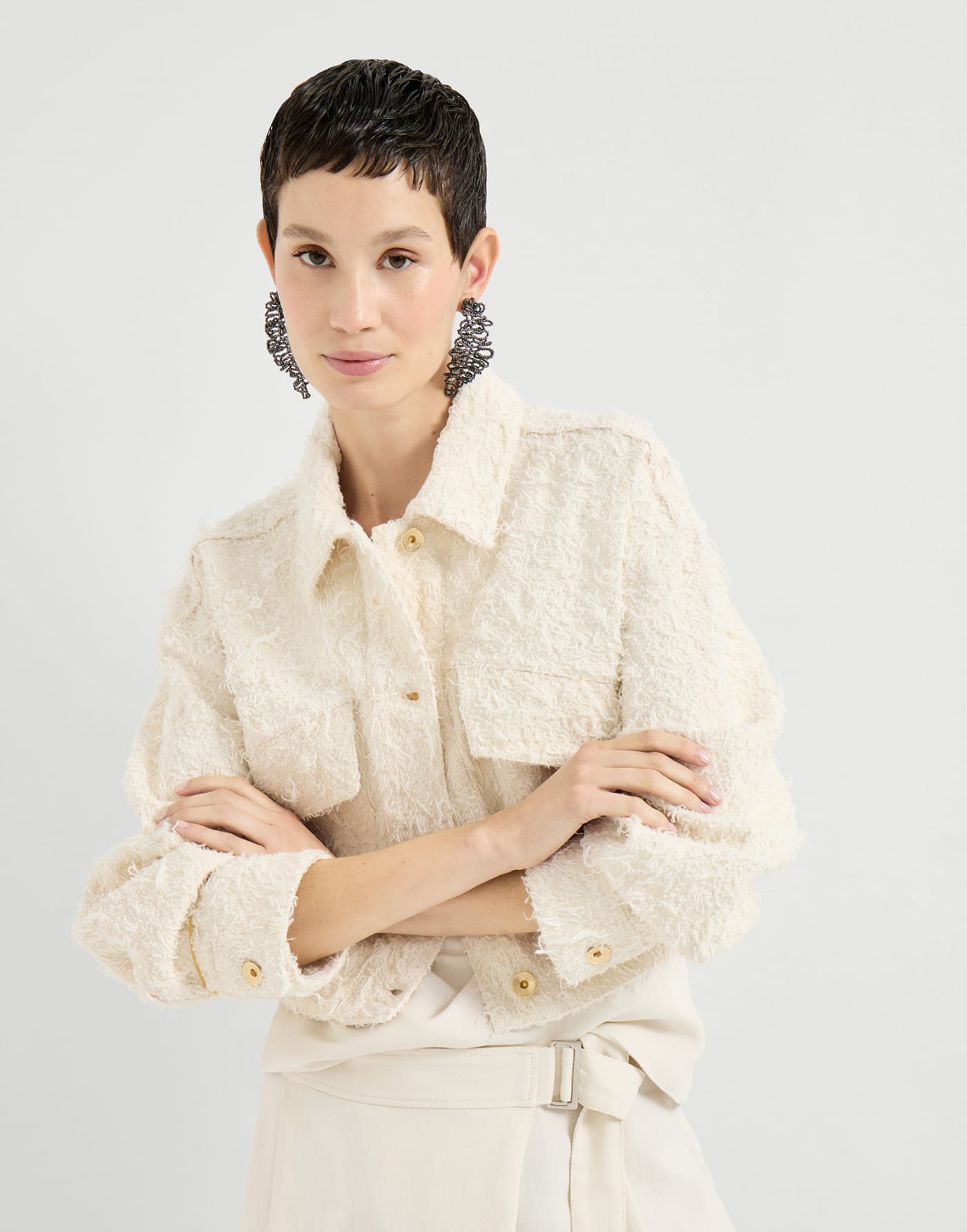 Fuzzy dyed denim outerwear jacket with monili