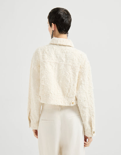 Fuzzy dyed denim outerwear jacket with monili
