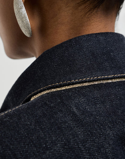 No-fade denim outerwear jacket with monili