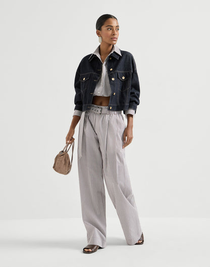 No-fade denim outerwear jacket with monili