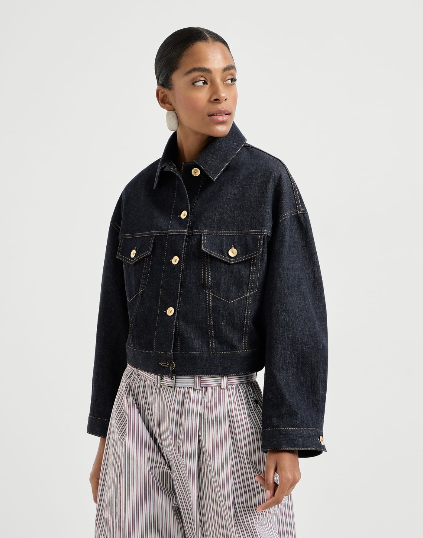No-fade denim outerwear jacket with monili