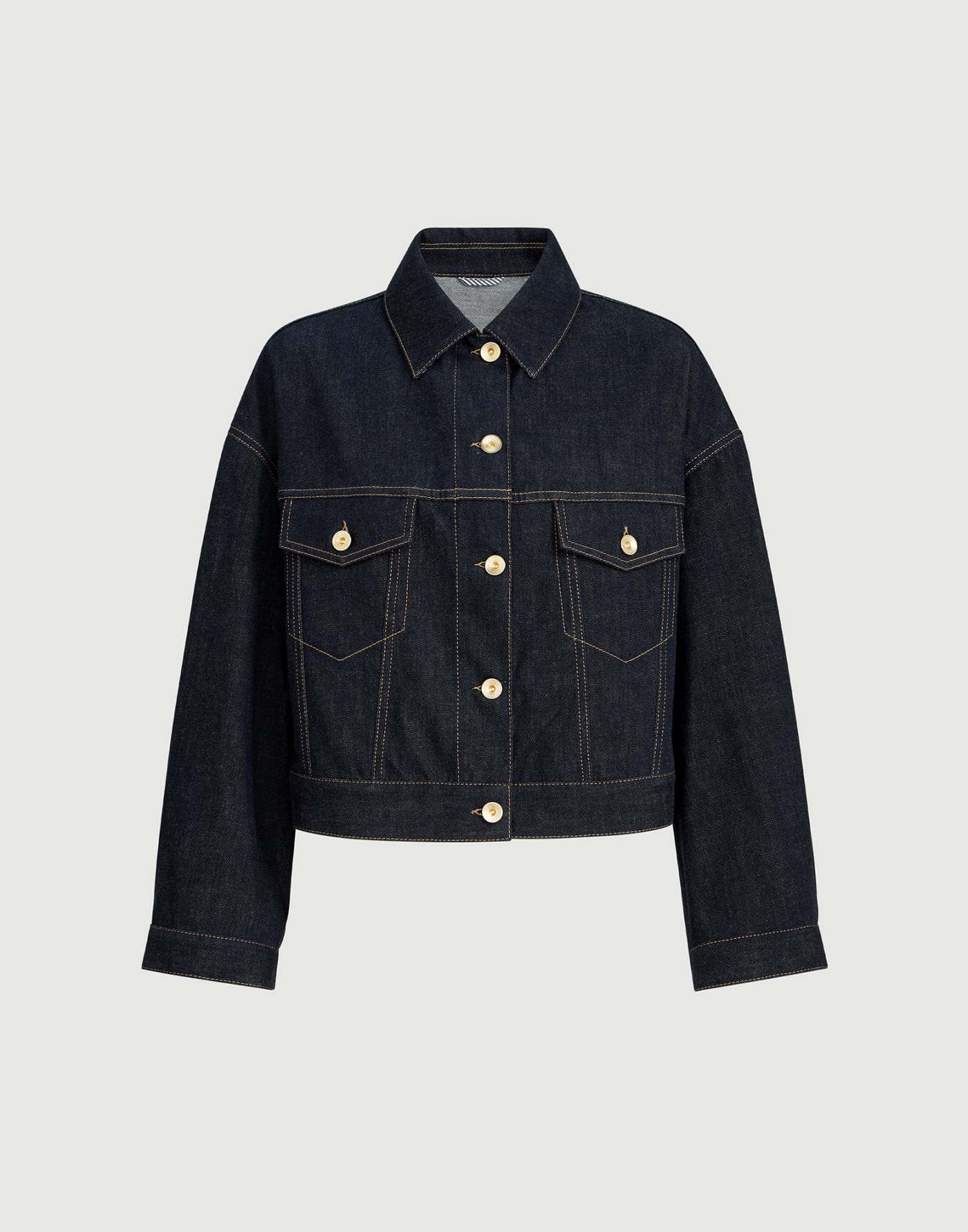 No-fade denim outerwear jacket with monili