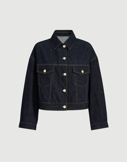 No-fade denim outerwear jacket with monili