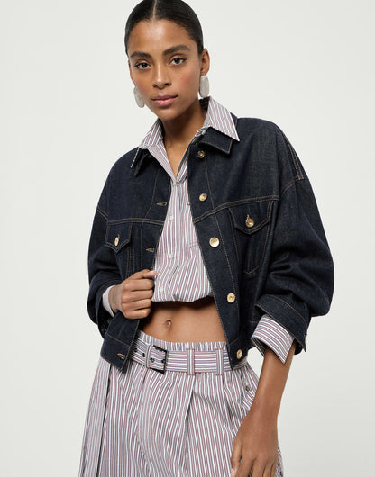 No-fade denim outerwear jacket with monili