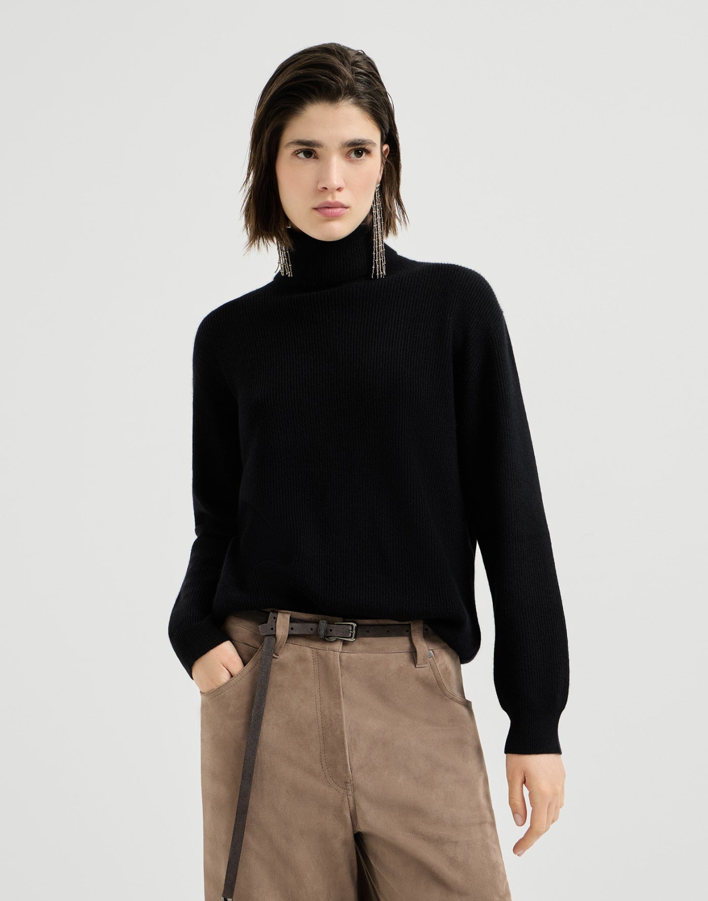 Cashmere English rib turtleneck sweater with monili