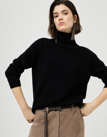 Cashmere English rib turtleneck sweater with monili