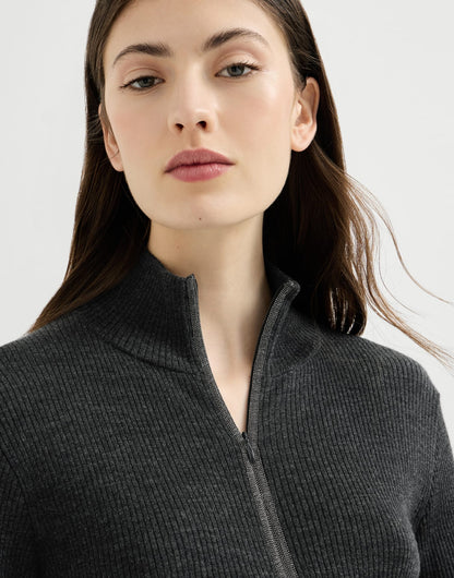 Virgin wool and cashmere lightweight ribbed turtleneck sweater with precious half zip