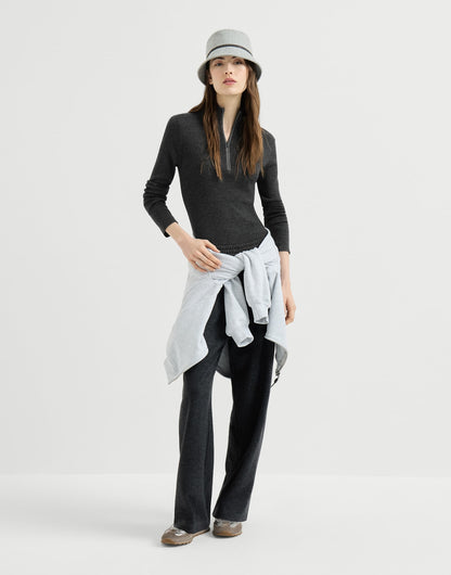 Virgin wool and cashmere lightweight ribbed turtleneck sweater with precious half zip